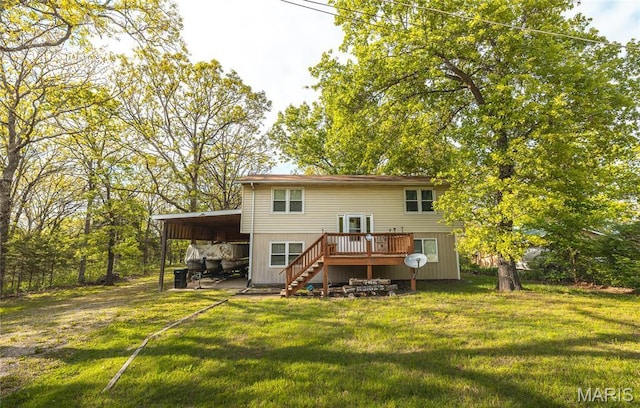 1109 Pawnee Dr, Cuba, MO 65453 - rear view of property with a wooden deck, a yard, stairway, and a carport