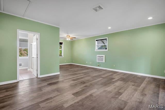 433 Snipes Dr, Saint Charles, MO 63303 - unfurnished room with crown molding, wood finished floors, recessed lighting, and ceiling fan