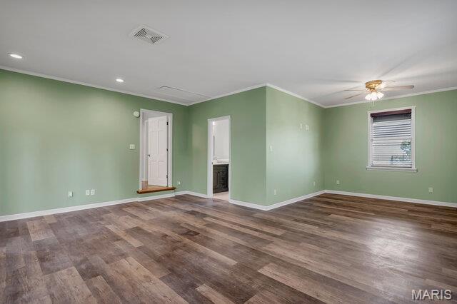 433 Snipes Dr, Saint Charles, MO 63303 - unfurnished room with ornamental molding, wood finished floors, recessed lighting, and a ceiling fan