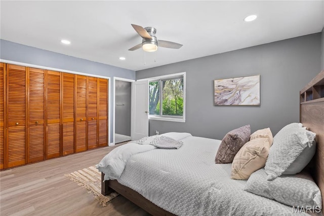 1958 Cathedral Hill Dr, Saint Louis, MO 63138 - bedroom featuring a closet, wood finished floors, recessed lighting, and a ceiling fan