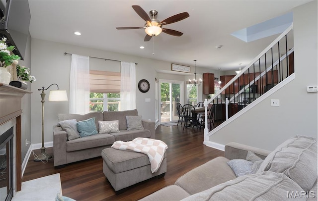 2122 Birchwood Dr, Barnhart, MO 63012 - living area featuring stairs, a chandelier, a ceiling fan, wood finished floors, and recessed lighting