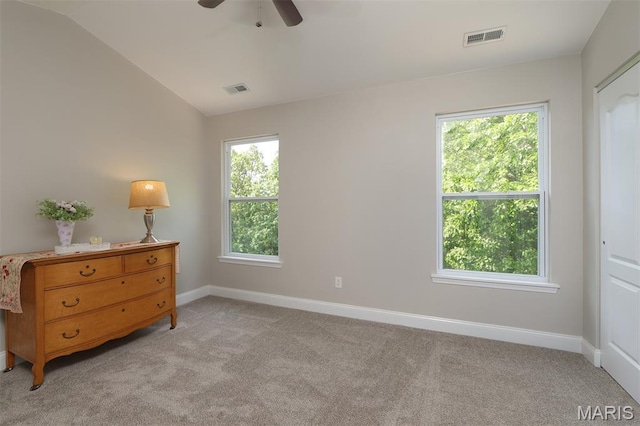 2122 Birchwood Dr, Barnhart, MO 63012 - bedroom featuring light colored carpet, vaulted ceiling, baseboards, and ceiling fan