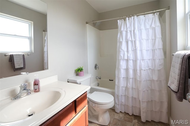 2122 Birchwood Dr, Barnhart, MO 63012 - bathroom with toilet, shower / bathtub combination with curtain, vanity, and stone finish floors