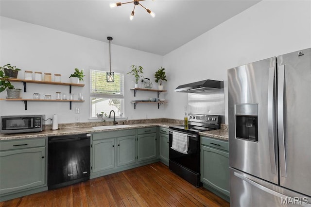2708 Old State Route 3, Columbia, IL 62236 - kitchen with black appliances, green cabinets, open shelves, a sink, and wall chimney range hood