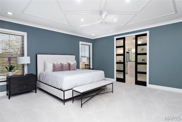 carpeted bedroom with recessed lighting, ornamental molding, and baseboards