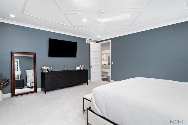 carpeted bedroom featuring recessed lighting, crown molding, and baseboards