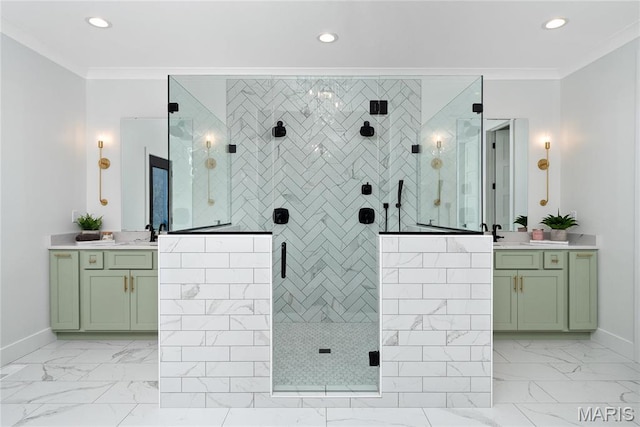 full bathroom featuring ornamental molding, a shower stall, recessed lighting, baseboards, and marble finish floors