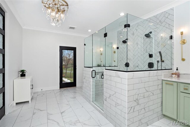 full bath featuring marble finish flooring, a shower stall, a chandelier, ornamental molding, and recessed lighting