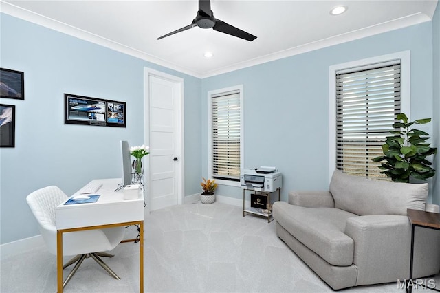 carpeted home office featuring ceiling fan, ornamental molding, baseboards, and recessed lighting