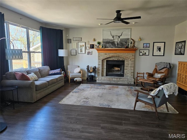 6029 Timber Hollow Ln, High Ridge, MO 63049 - living room featuring wood finished floors, a fireplace, and a ceiling fan