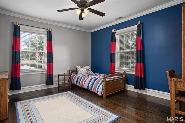 582 S Berry Rd, Webster Groves, MO 63122 - bedroom featuring baseboards, wood finished floors, ornamental molding, and ceiling fan