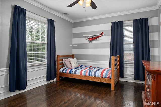 582 S Berry Rd, Webster Groves, MO 63122 - bedroom with wood finished floors, crown molding, and ceiling fan