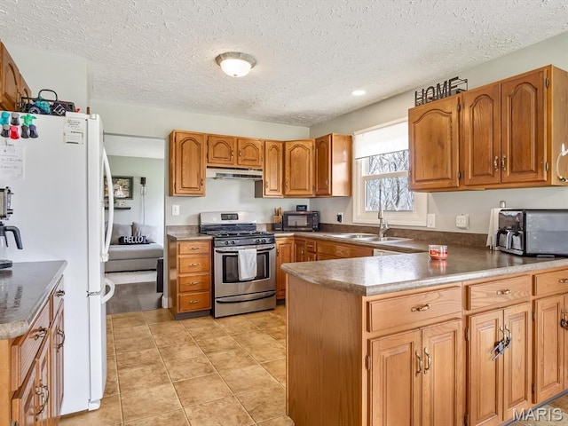 7506 D Rd, Waterloo, IL 62298 - kitchen featuring appliances with stainless steel finishes, under cabinet range hood, a sink, a peninsula, and a textured ceiling