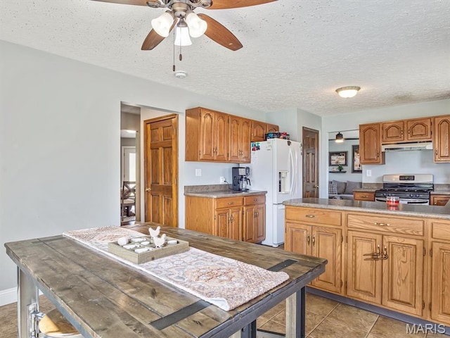 7506 D Rd, Waterloo, IL 62298 - kitchen featuring stainless steel range with gas cooktop, white refrigerator with ice dispenser, under cabinet range hood, a ceiling fan, and a textured ceiling