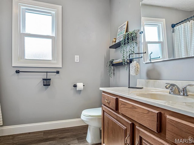 7506 D Rd, Waterloo, IL 62298 - bathroom with vanity, toilet, wood finished floors, baseboards, and a shower with shower curtain