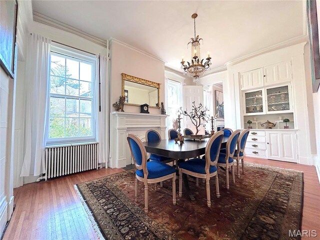 445 E 12th St, Alton, IL 62002 - dining space with radiator heating unit, a chandelier, wood finished floors, and ornamental molding