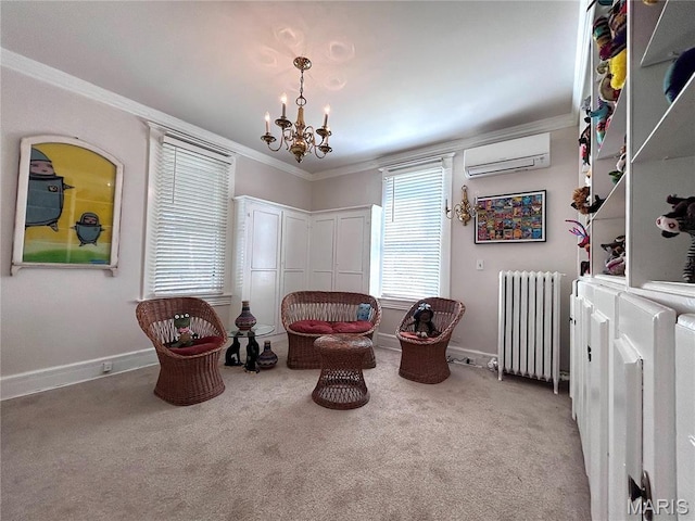 445 E 12th St, Alton, IL 62002 - living area featuring radiator, a wall mounted AC, crown molding, a chandelier, and carpet