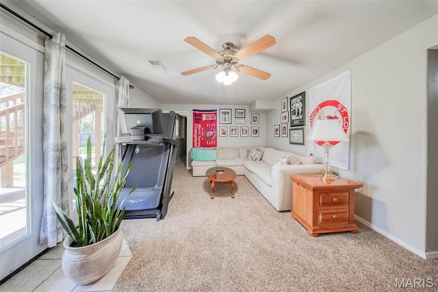 19580 Lyle Ln, Waynesville, MO 65583 - living area with carpet flooring, a ceiling fan, and baseboards