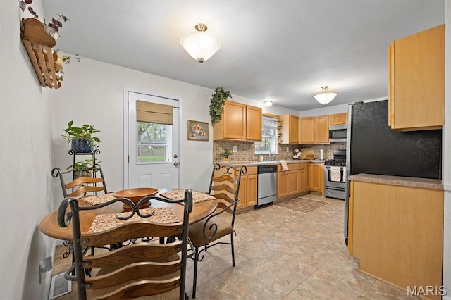 kitchen with appliances with stainless steel finishes, tasteful backsplash, healthy amount of natural light, and light countertops
