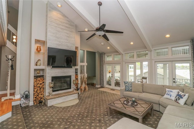 616 W Capri Dr, Bonne Terre, MO 63628 - carpeted living room featuring french doors, beam ceiling, a fireplace, baseboards, and ceiling fan
