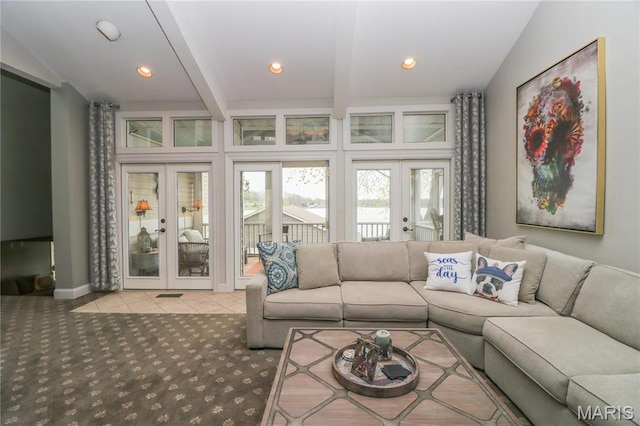 616 W Capri Dr, Bonne Terre, MO 63628 - living area with french doors, carpet, beam ceiling, recessed lighting, and baseboards