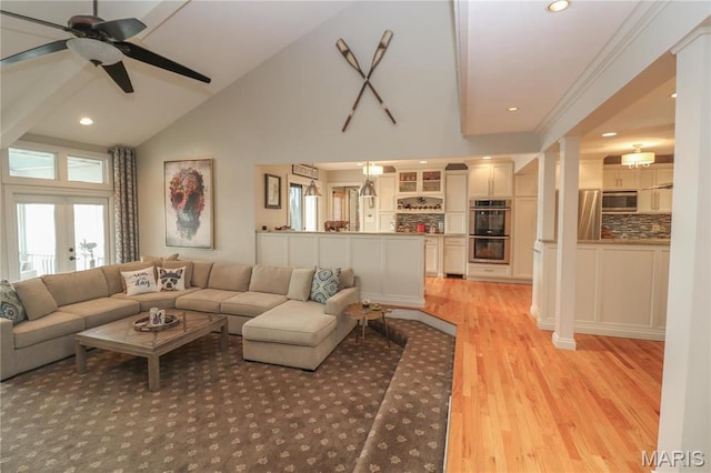 616 W Capri Dr, Bonne Terre, MO 63628 - living room featuring light wood finished floors, recessed lighting, high vaulted ceiling, and a ceiling fan