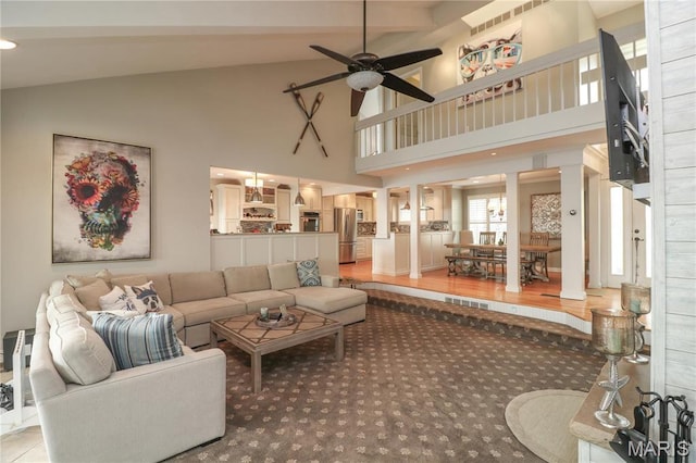 616 W Capri Dr, Bonne Terre, MO 63628 - carpeted living area featuring a ceiling fan and high vaulted ceiling