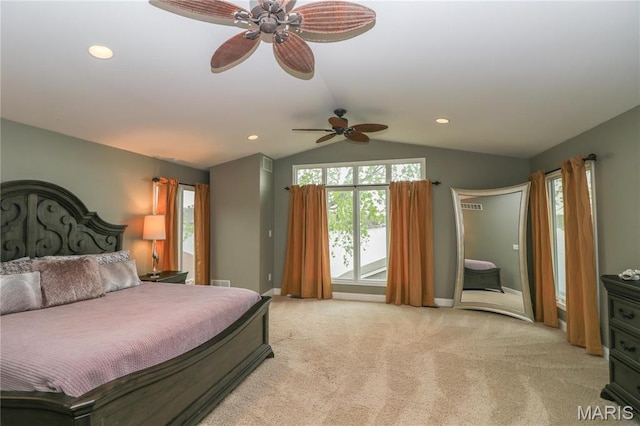 616 W Capri Dr, Bonne Terre, MO 63628 - bedroom featuring access to outside, vaulted ceiling, light colored carpet, recessed lighting, and baseboards