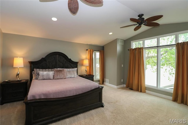 616 W Capri Dr, Bonne Terre, MO 63628 - bedroom featuring light colored carpet, multiple windows, vaulted ceiling, baseboards, and recessed lighting