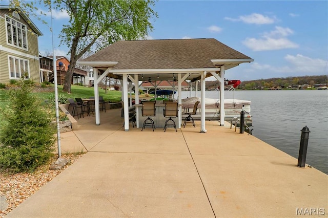 616 W Capri Dr, Bonne Terre, MO 63628 - dock area featuring a gazebo, a water view, a patio, and a bar
