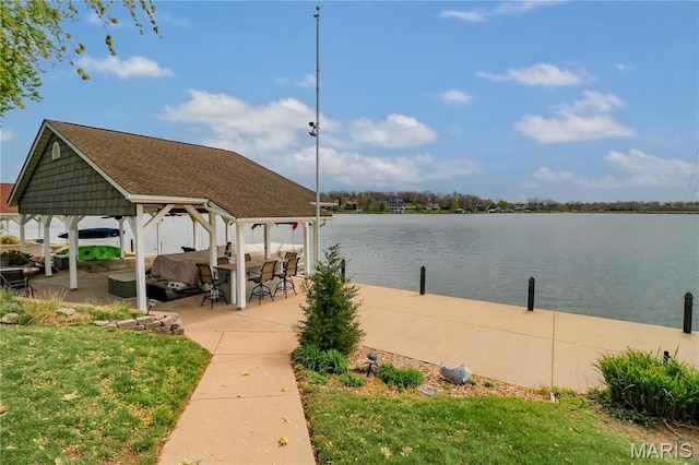 616 W Capri Dr, Bonne Terre, MO 63628 - dock featuring a gazebo, a water view, a yard, and a patio