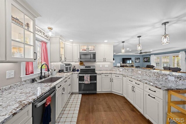 21510 Keyesport Rd, Keyesport, IL 62253 - kitchen with stainless steel appliances, a sink, a peninsula, white cabinetry, and recessed lighting