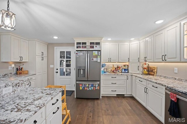 21510 Keyesport Rd, Keyesport, IL 62253 - kitchen featuring stainless steel appliances, dark wood finished floors, white cabinetry, recessed lighting, and light stone countertops