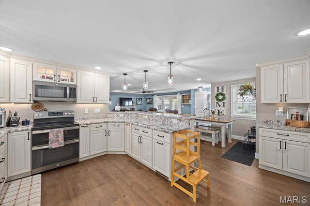21510 Keyesport Rd, Keyesport, IL 62253 - kitchen with stainless steel appliances, a peninsula, recessed lighting, wood finished floors, and decorative light fixtures