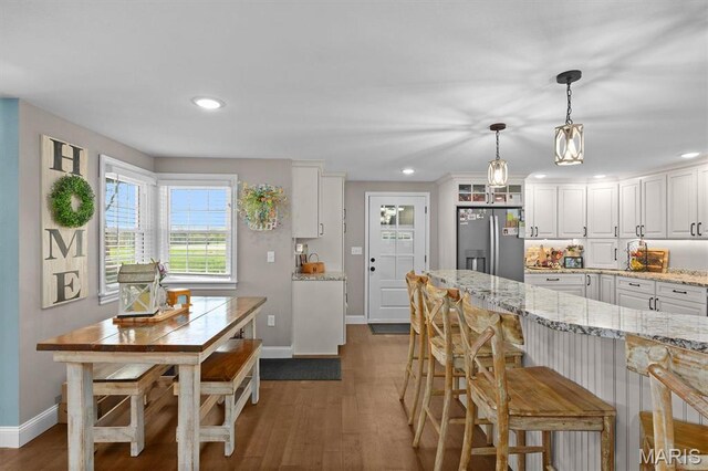 21510 Keyesport Rd, Keyesport, IL 62253 - kitchen featuring stainless steel fridge, baseboards, white cabinets, and recessed lighting