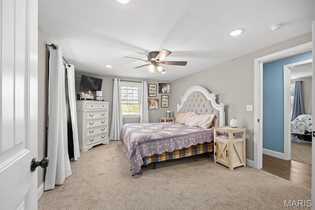 21510 Keyesport Rd, Keyesport, IL 62253 - bedroom with light colored carpet, baseboards, recessed lighting, and ceiling fan