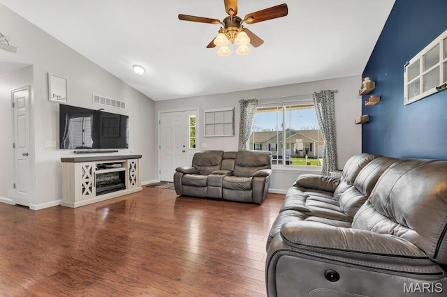 420 Glen Forest Dr, Troy, MO 63379 - living room with lofted ceiling, wood finished floors, a ceiling fan, and baseboards
