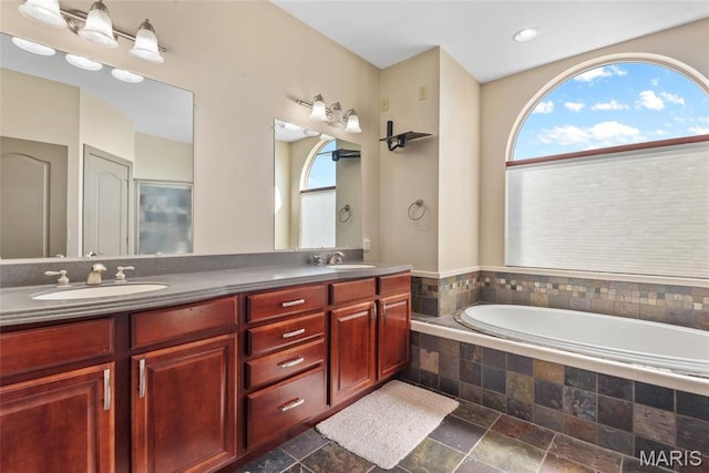 2017 Richview Dr, Saint Jacob, IL 62281 - bathroom with a bath, stone tile floors, and double vanity