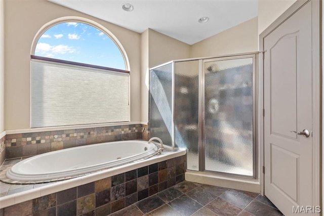 2017 Richview Dr, Saint Jacob, IL 62281 - bathroom featuring stone tile flooring, a garden tub, a shower stall, and recessed lighting
