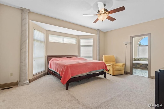 2017 Richview Dr, Saint Jacob, IL 62281 - bedroom featuring ornate columns, carpet, connected bathroom, and ceiling fan