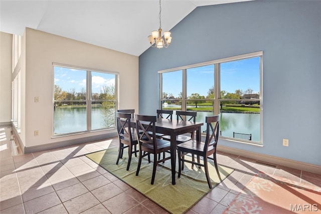 2017 Richview Dr, Saint Jacob, IL 62281 - dining space featuring tile patterned floors, a chandelier, high vaulted ceiling, a water view, and baseboards