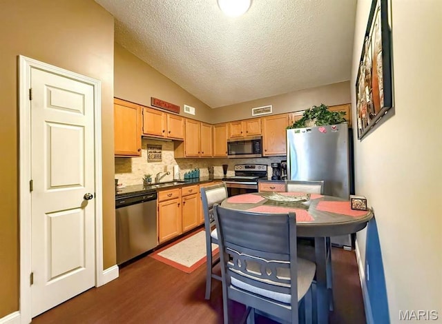 1 Berview Cir Unit B, Saint Louis, MO 63129 - kitchen featuring appliances with stainless steel finishes, dark wood-type flooring, a sink, dark countertops, and light brown cabinetry