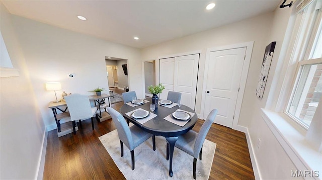 5714 Rhodes Ave, Saint Louis, MO 63109 - dining room with dark wood-style flooring, baseboards, and recessed lighting