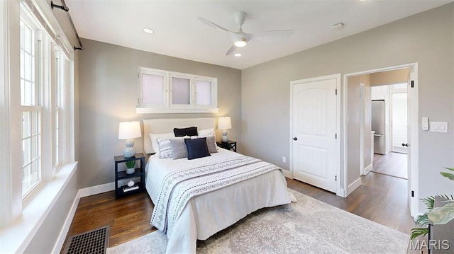 5714 Rhodes Ave, Saint Louis, MO 63109 - bedroom featuring dark wood-type flooring, baseboards, recessed lighting, and a ceiling fan