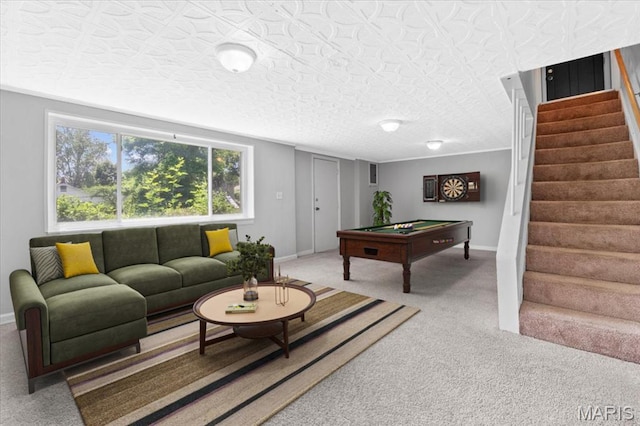 7026 Winona Ave, Saint Louis, MO 63109 - carpeted living room with pool table and stairs