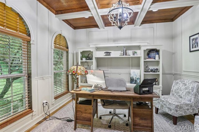 1002 Chesterfield Forest Dr, Wildwood, MO 63005 - home office with a decorative wall, a chandelier, coffered ceiling, wood finished floors, and beam ceiling