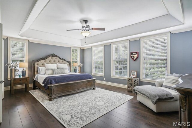1002 Chesterfield Forest Dr, Wildwood, MO 63005 - bedroom featuring a tray ceiling, dark wood-style flooring, baseboards, and multiple windows