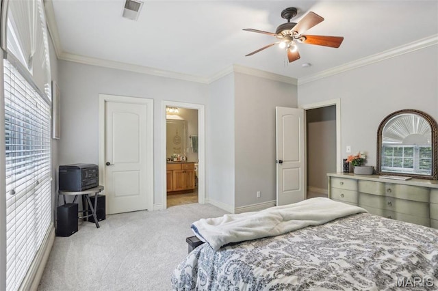 1002 Chesterfield Forest Dr, Wildwood, MO 63005 - carpeted bedroom with crown molding, baseboards, ceiling fan, and ensuite bathroom