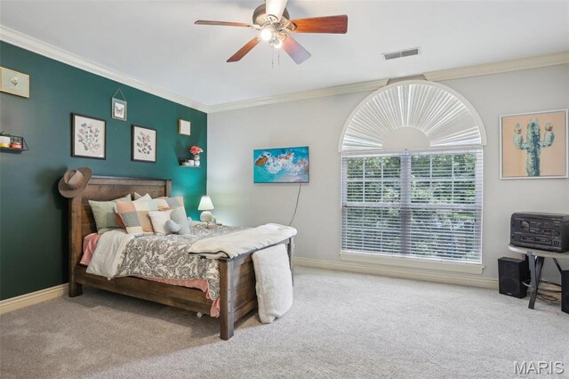 1002 Chesterfield Forest Dr, Wildwood, MO 63005 - carpeted bedroom featuring baseboards, crown molding, and a ceiling fan