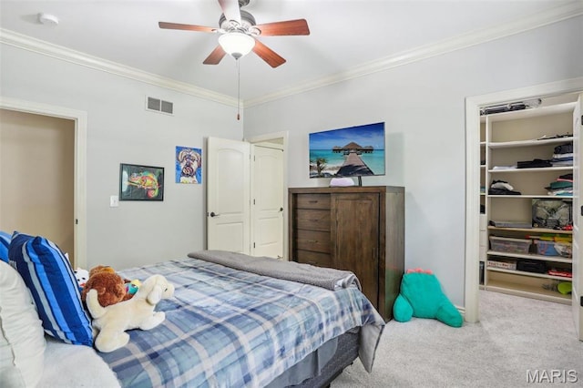 1002 Chesterfield Forest Dr, Wildwood, MO 63005 - bedroom with ornamental molding, carpet floors, a walk in closet, ceiling fan, and a closet